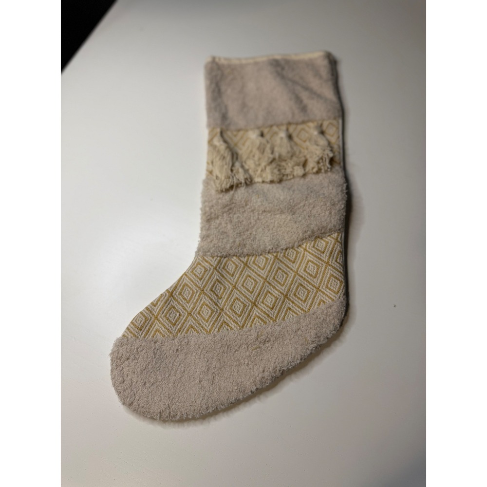 Boho Christmas Stocking Sherpa Tassel Geometric Diamond Cream Holiday Decor